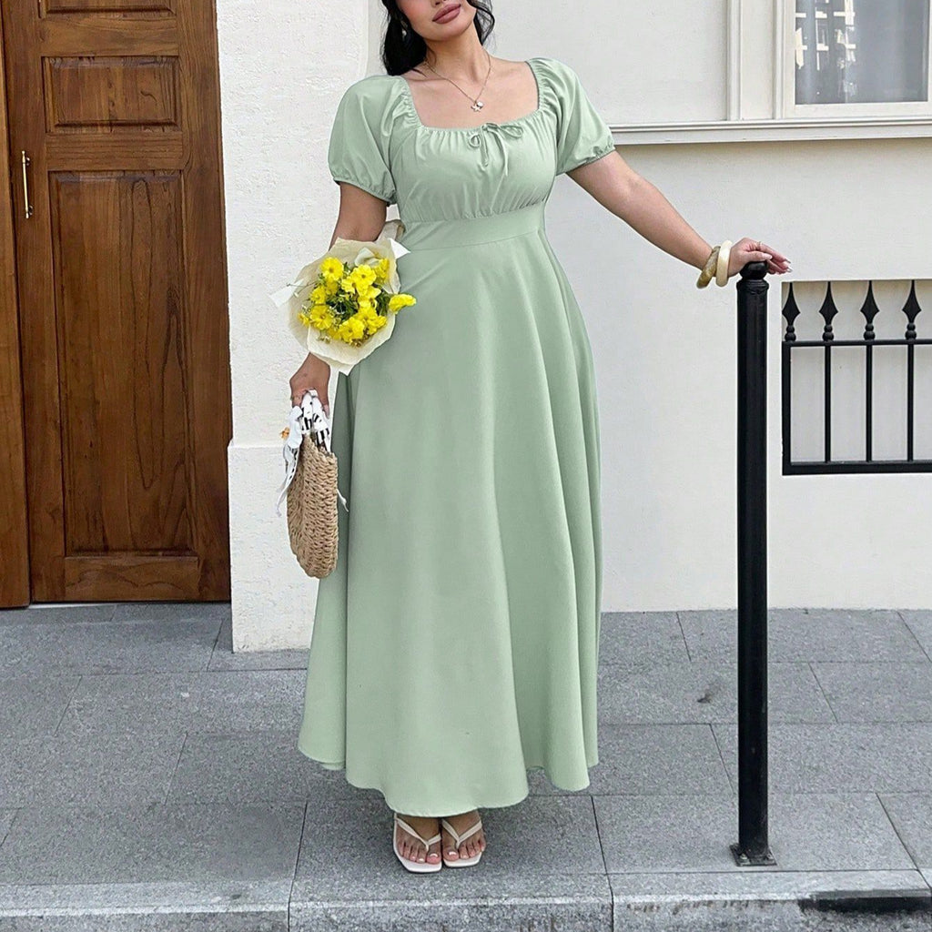 Sexy Women's Square Neck Bubble Sleeve Solid Color Elegant Plus Size Dress