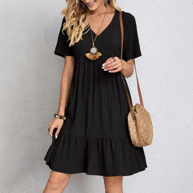 Summer European and American Plus Size Women's Skirts Loose Casual Short Sleeve Belted Elegant Large Size Dress