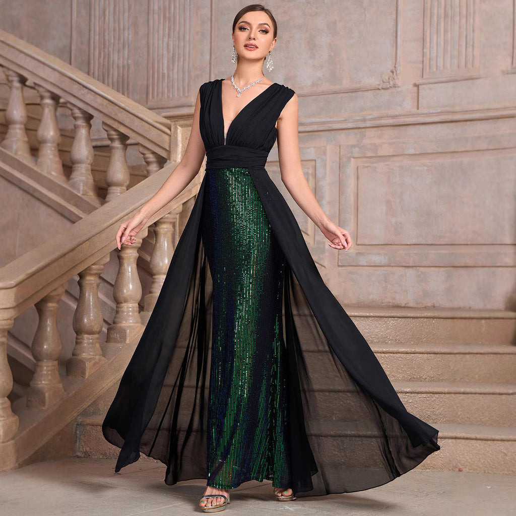 Big Size Women's Standard Size Dress, Winter New Glitter Sleeveless Evening Party Gown