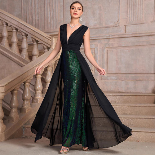 Big Size Women's Standard Size Dress, Winter New Glitter Sleeveless Evening Party Gown