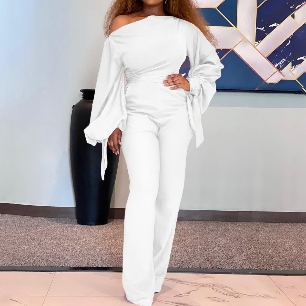 European and American Women's Off-the-Shoulder Casual High-Waist African Plus Size Wide-Leg Jumpsuit