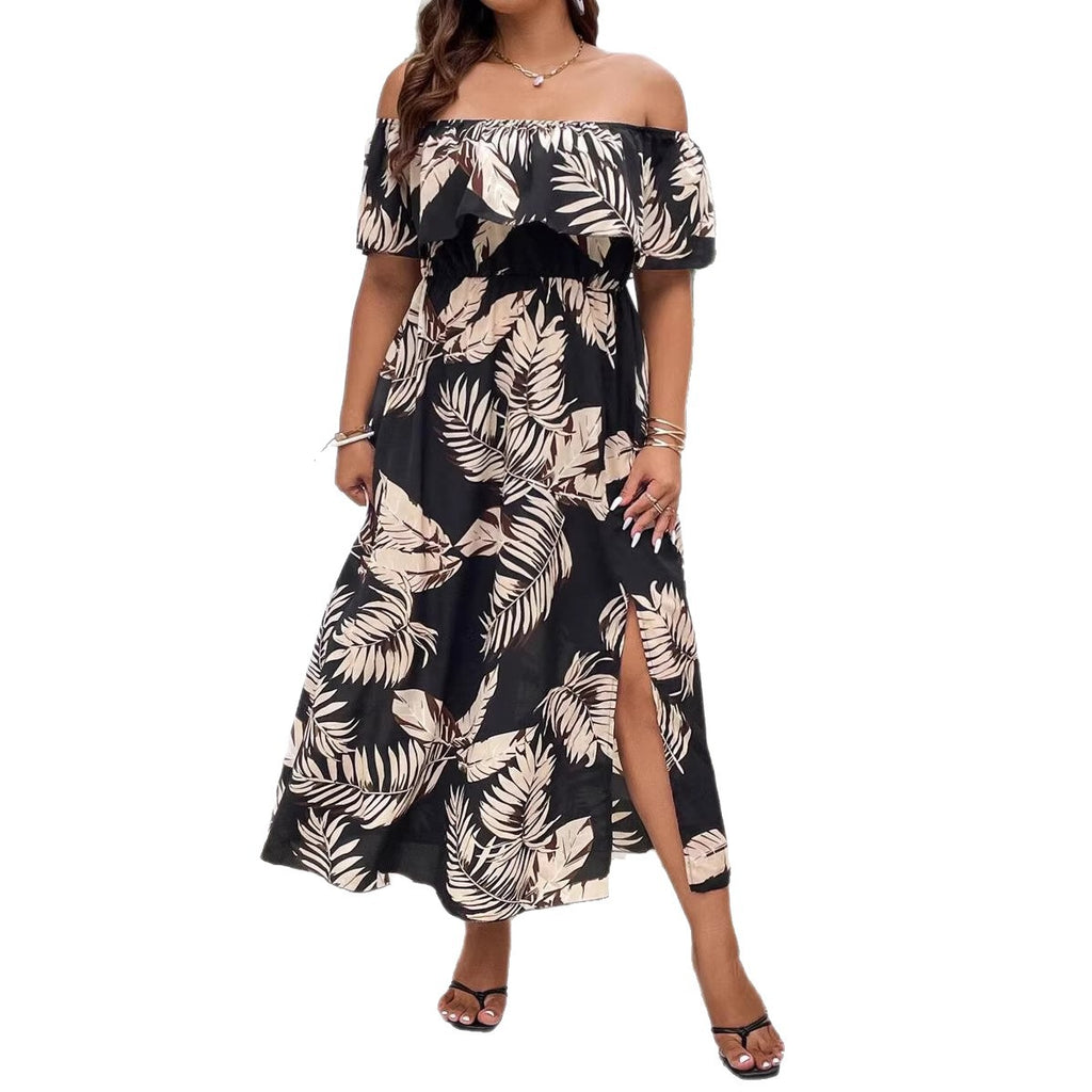Tropical Print Vacation Summer Women's Plus Size Off-Shoulder Dress Casual Style