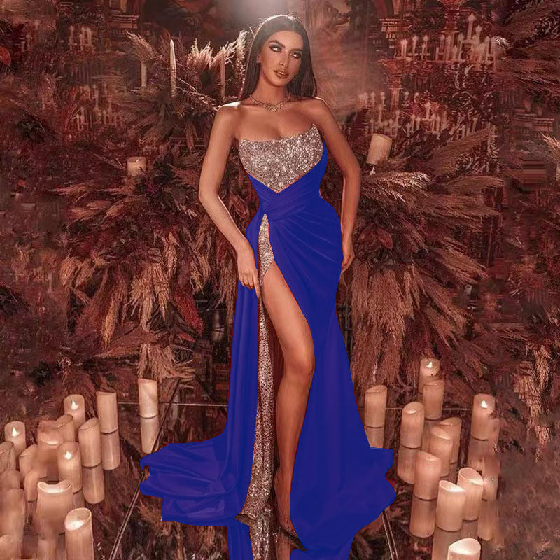 Glitter Split Maxi Dress for Women, Sexy Off-Shoulder Strapless Flared Long Dress, Evening Gown