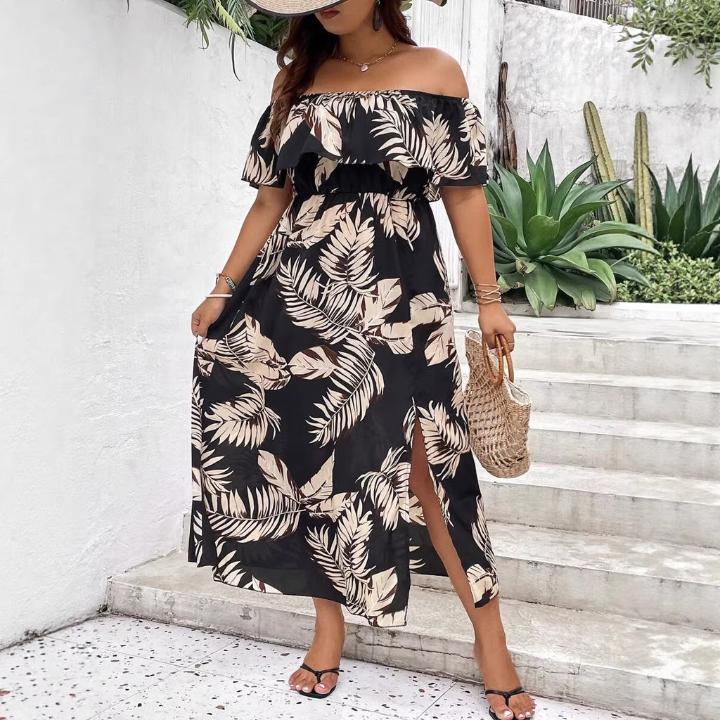 Tropical Print Vacation Summer Women's Plus Size Off-Shoulder Dress Casual Style