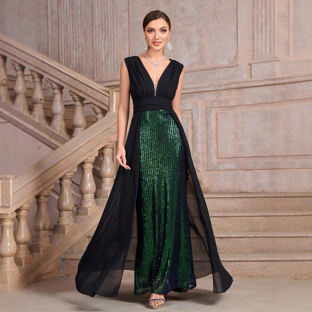 Big Size Women's Standard Size Dress, Winter New Glitter Sleeveless Evening Party Gown