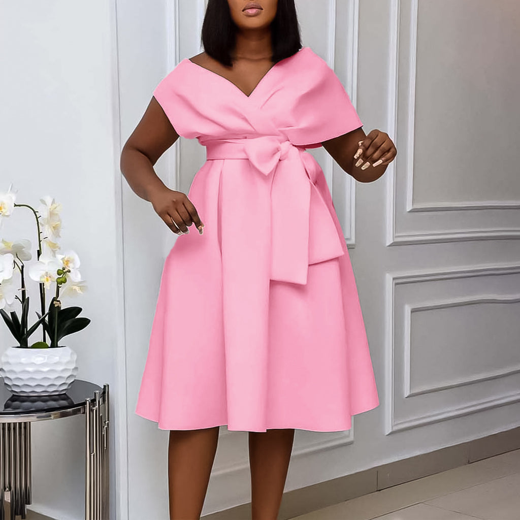 Fashionable V-neck Tie Elegant Plus Size Export European and American Dress